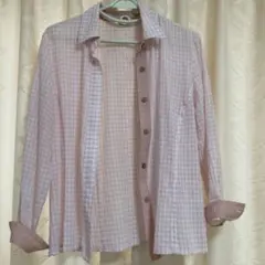 値下げ！ピンクチェック 長袖シャツ　透け感あり　ミセス