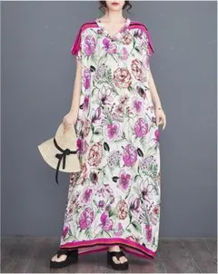 【大きいサイズ】 レディース ロング　ワンピース　春夏 秋 新品 半袖　ピンク