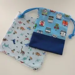 恐竜プリントランチクロス（39×39)と電車柄のコップ袋セット　ハンドメイド