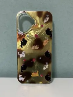 iPhone16 ケース ゴールド アニマル柄 ねこ イラスト