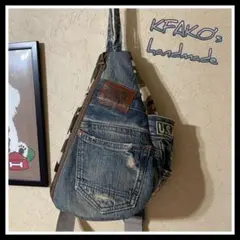 ベージュ系迷彩柄☆しずく型ワンショルダーバッグ/デニムリメイクバッグ/ミリタリー