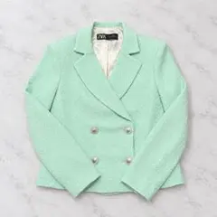 ZARA ノーカラージャケット グリーン 緑 ツイード