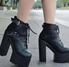 ブラック 厚底 ハイヒール15cm 編み上げ ダブルベルト ブーツ 履きやす2