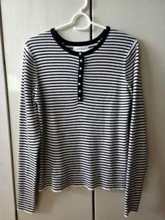 オペークドットクリップ☆白黒ストライプ長袖パールヘンリーネックカットソー38M