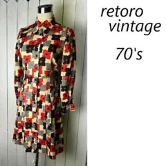 昭和レトロ 70s 幾何学花柄 膝丈～ミニ プリーツワンピース S～M 総柄