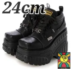 スクエアトゥ 24cm 厚底ウェッジソール アンクル丈ブーツ 黒