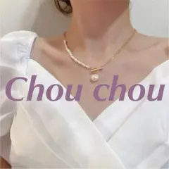 淡水パール　ゴールド  チェーンネックレス  アシンメトリー　シック