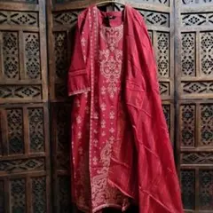 インド民族衣装 クルタセット フラワープリント レッド【63-6】
