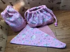 ハンドメイドユニコーンピンク　お弁当袋、コップ入れ、ランチョンマット