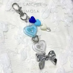 No.60 ビーズストラップ キーホルダー 韓国 Y2K 水色 リボン