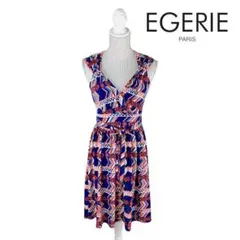07T270☆ EGERIE 総柄 ノースリーブ ひざワンピース 春夏 L