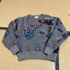 日本製 ヴィンテージ　ウール　総柄 二重襟 セーター L グレージュ ニット