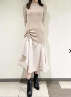 ニットワンピ シャーリングリブニットコンビワンピース