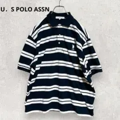 US POLO ASSN ボーダー柄ポロシャツ М 白 ネイビー 古着 レトロ
