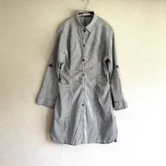 美品【HIROKO KOSHINO】グレー白ストライプ綿麻絹L長袖ロングブラウスのサムネイル