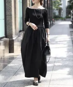 【Bonjour Sagan】スクエアネックニットコンビコクーンワンピース 黒