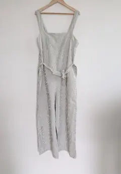 ユニクロリネンブレンドサロペットストライプ白（ウエストリボン付き）L