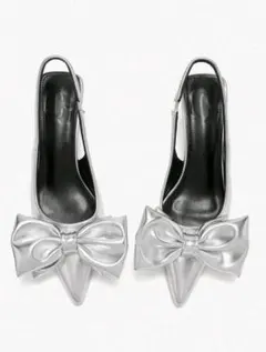 【新品未使用】 SHEIN シルバー リボン ミュール ハイヒール パンプス