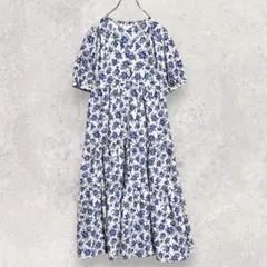 GU ジーユー ワンピース M 白 青 花柄 半袖 ロング Aライン