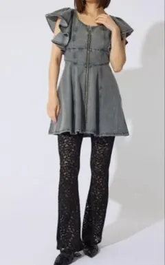 【未使用級】rienda レースフレアジャストウエストパンツ 黒 FREE