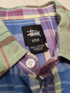 STUSSY ステューシー 半袖チェックシャツ マルチカラー ロゴ M コットン