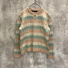 PINORE/長袖セーター/ピンク/緑/ボーダー/ウール/リブ編みのサムネイル