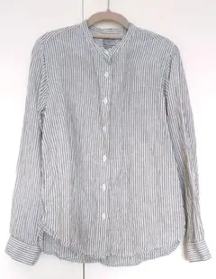 無印良品 リネン ストライプ バンドカラー シャツ グレー