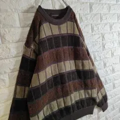レトロボーダー ニットセーター ゆるダボ L ブラウン