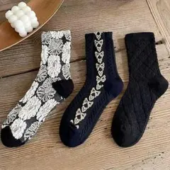 【SALE】3足セット 大人可愛い 花柄&シアーソックス 靴下 フラットシーム