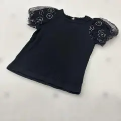 花柄　シアーパフスリーブ リブ　Tシャツ ブラック　女の子　夏服