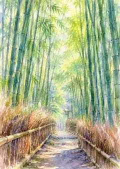 原画】水彩画「竹林」A4サイズ 絵画 アート 風景画 癒やし 緑 一点物