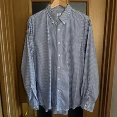 【送料込】ユニクロ ブロードシャツ/ストライプ/ボタンダウンXL（BLUE）
