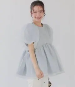 フィットモア クリンクルシアーオーガンジーペプラムトップス ブルー 