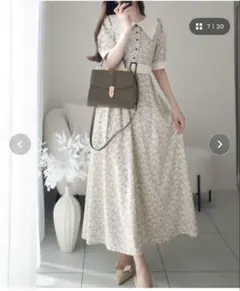 mily biletレトロに春夏の小花柄ベルト付きビッグカラーワンピースロング丈