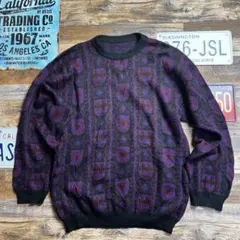 な*る様 ウール混 ニットセーター 総柄 パープル系 M〜L相当 古着
