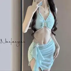 水色 セパレート水着 フリル付き3点セット