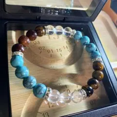 ターコイズ×タイガーアイ×クォーツ金運守護 天然石ブレスレット 15cm