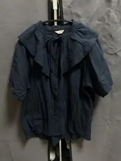 Samansa Mos2 ネイビー フリルシャツ 半袖