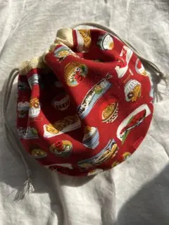 和食の柄が楽しい日本大好きさんの為の小さめのまあるいポーチ（ハンドメイド）