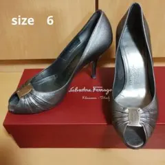 フェラガモ　オープントゥ　ハイヒール　パンプス　サンダル　ヴェラリボン　靴　美品