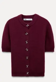 ZARA リボンボタン 半袖ニット ☆バーガンディ