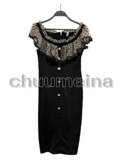 chuumeina ドットチュール切替ワンピ L 黒 タイト 美シルエット 上品