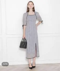 【LEJA】スクエアネック配色パイピング後ろボレロIラインスリット入りワンピース