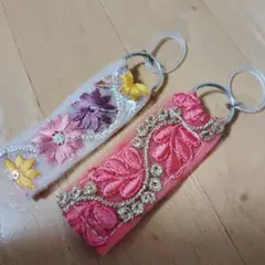 【両面】インド刺繍リボンの傘マーカー　（アンブレラマーカー）ピンク＆カラフル