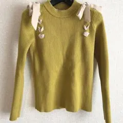 【美品】リブ編み マスタード ニット セーター 黄色 くすみカラー リボン 春色