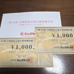 ビックカメラ お買物優待券 2枚 2,000円分