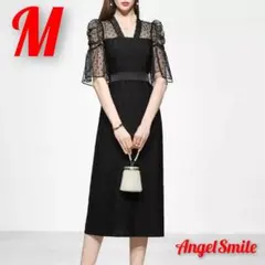 ★Mサイズ ドットデザイン シースルー フリル ブラック ワンピース 結婚式