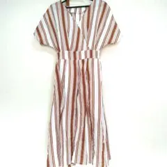 ur's ユアーズ ワンピース S 半袖 ストライプ 白 ホワイト ブラウン