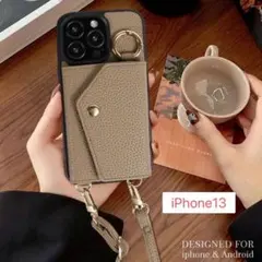 iPhone13スマホケース ショルダーストラップ★カード収納 モカブラウン