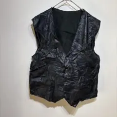 黒 レザーベスト ボタン付き アウター上着 ブラック 重ね着